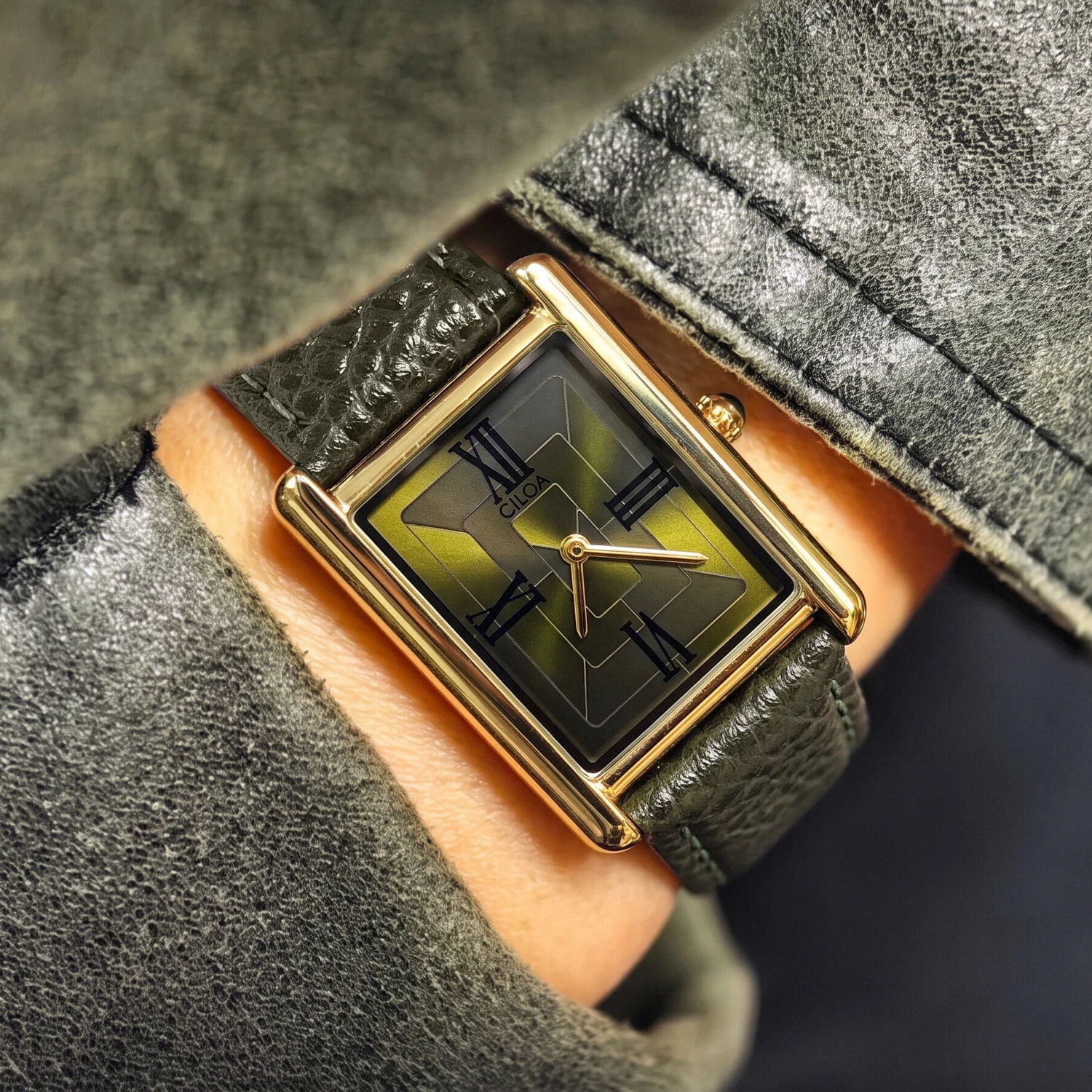 CILOA-Vintage Square Watch for Men, Green Dial Leather Strap Elegant Mens Quartz Watch-569