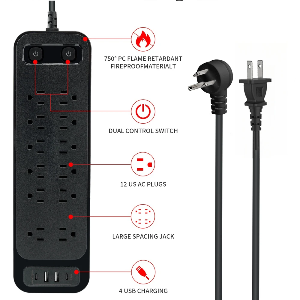 US Surge Protector Power Strip with 12 Outlets 4 USB Ports 6 FT Flat Plug Extension Cord Flat Plug Power Strip Wall Mounted 2025