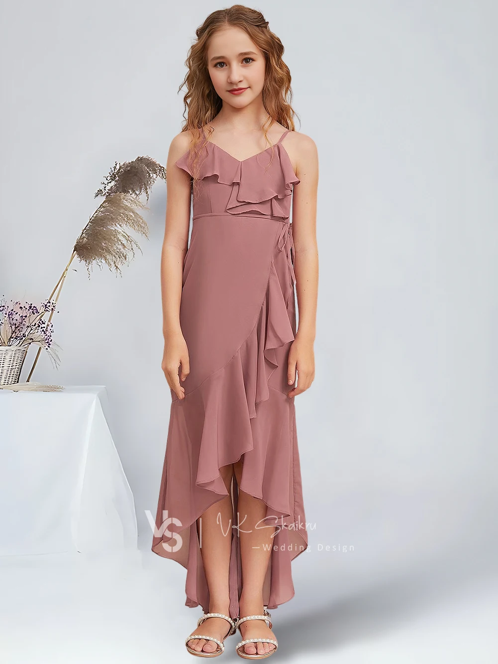 Bainha coluna com decote em v assimétrico chiffon júnior vestidos de dama de honra deserto rosa deslumbrante vestidos da menina de flor festa weddiing crianças