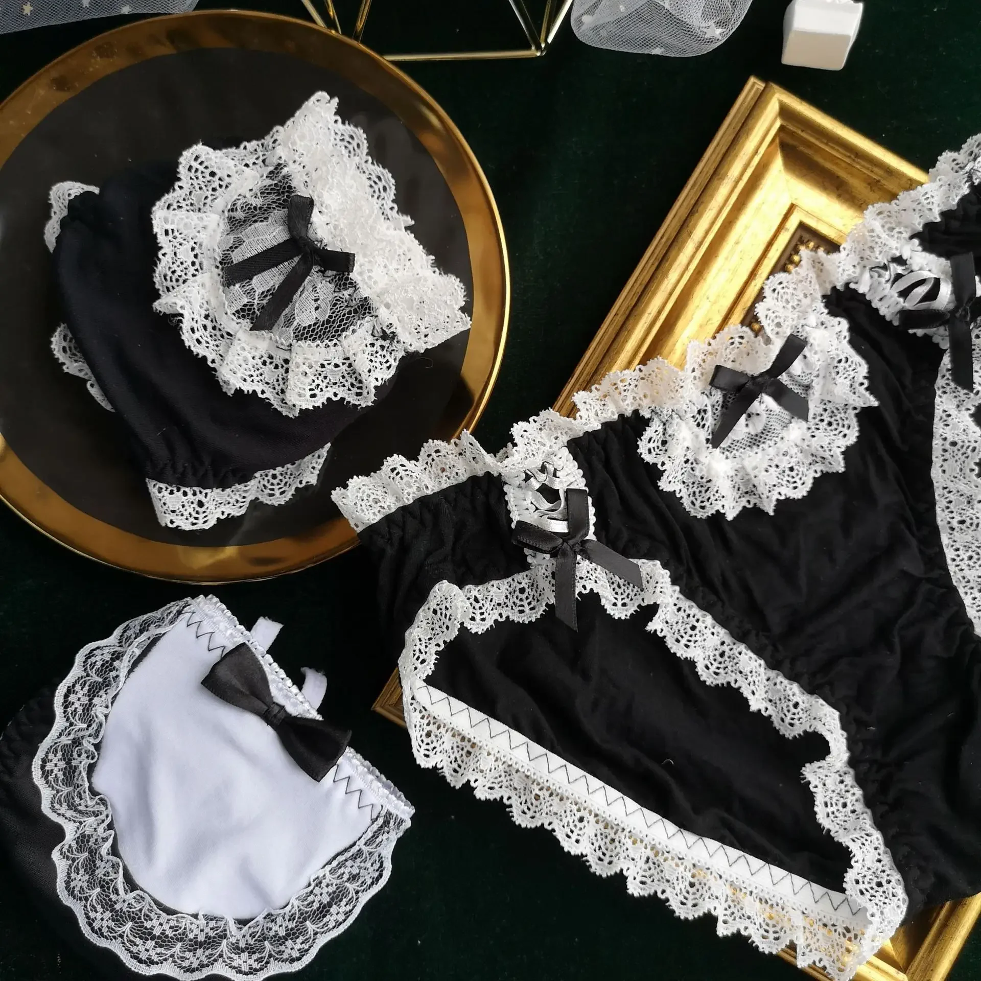 Sous-vêtements japonais en dentelle modal noir et blanc pour femmes, lingerie mignonne en coton, culotte sexy Kawaii