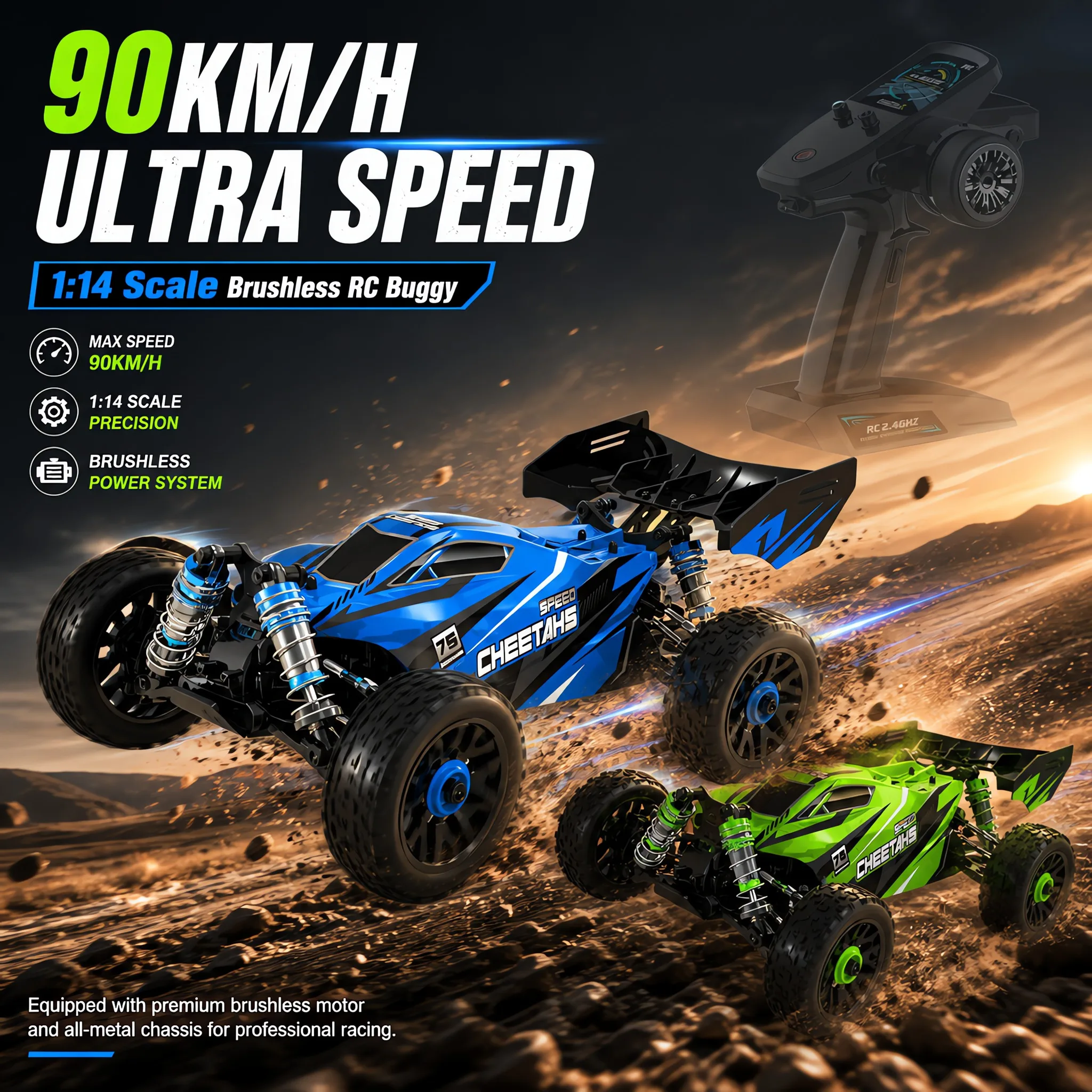 1:14 4WD RC Buggy 90KM/H Brushless Full‑Metal Chassis Adjustable Oil Shocks Waterproof 2.4G High‑Speed RC Car