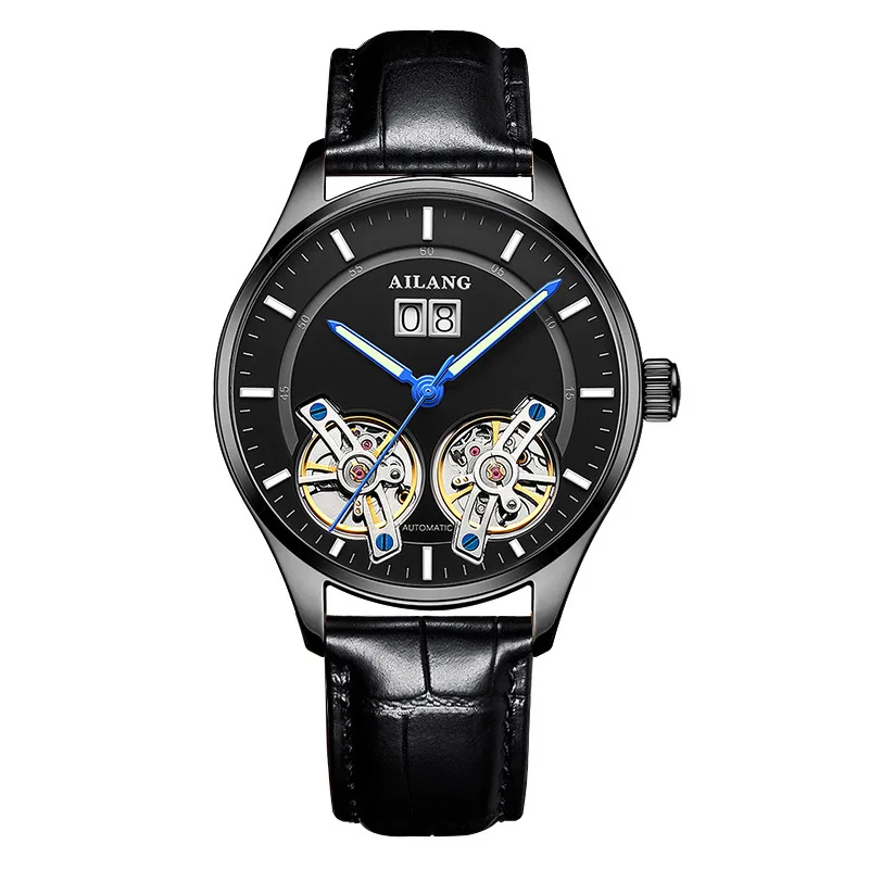 

Luxury Fashion Mechanical Watches Simple Men's Steampunk Calendar Week Waterproof Leather Double Tourbillon Automatic Watch