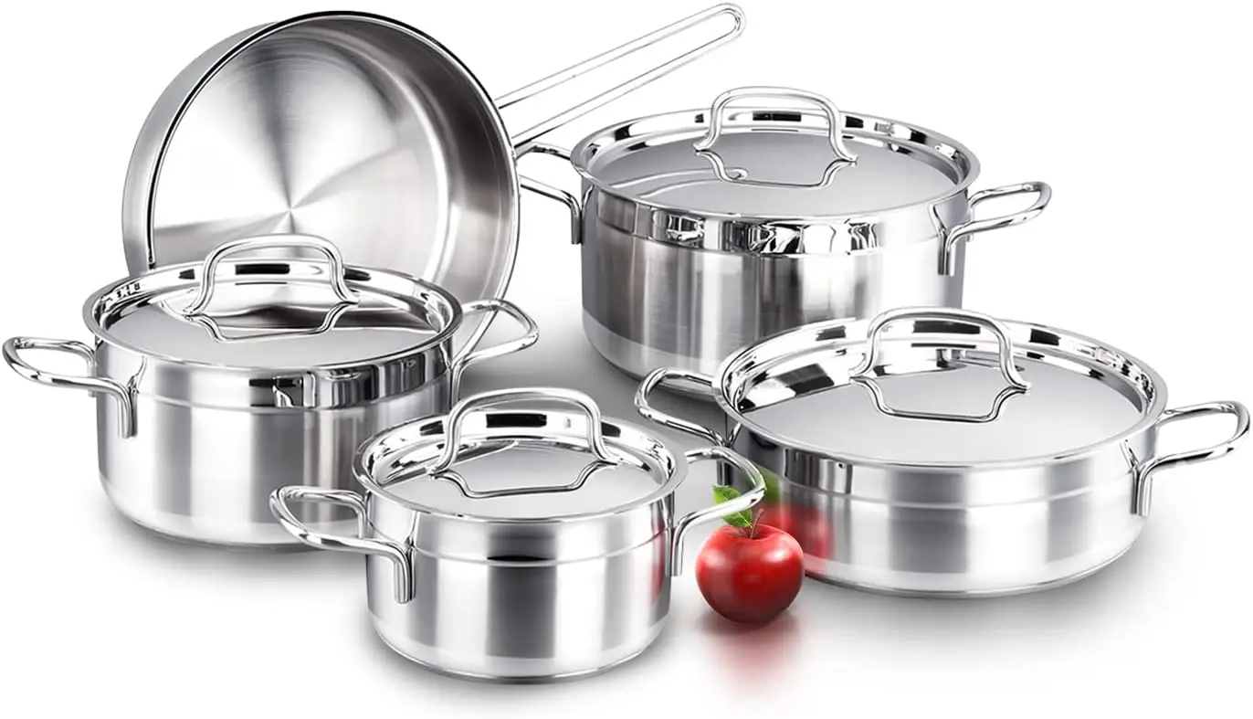 Cookware Set Stainless Steel 9 Pcs (DSK 9W) | Superior 304 Grade SS | Oven Safe | Heavy Base Sandwich Bottom | Corrosion & Stain