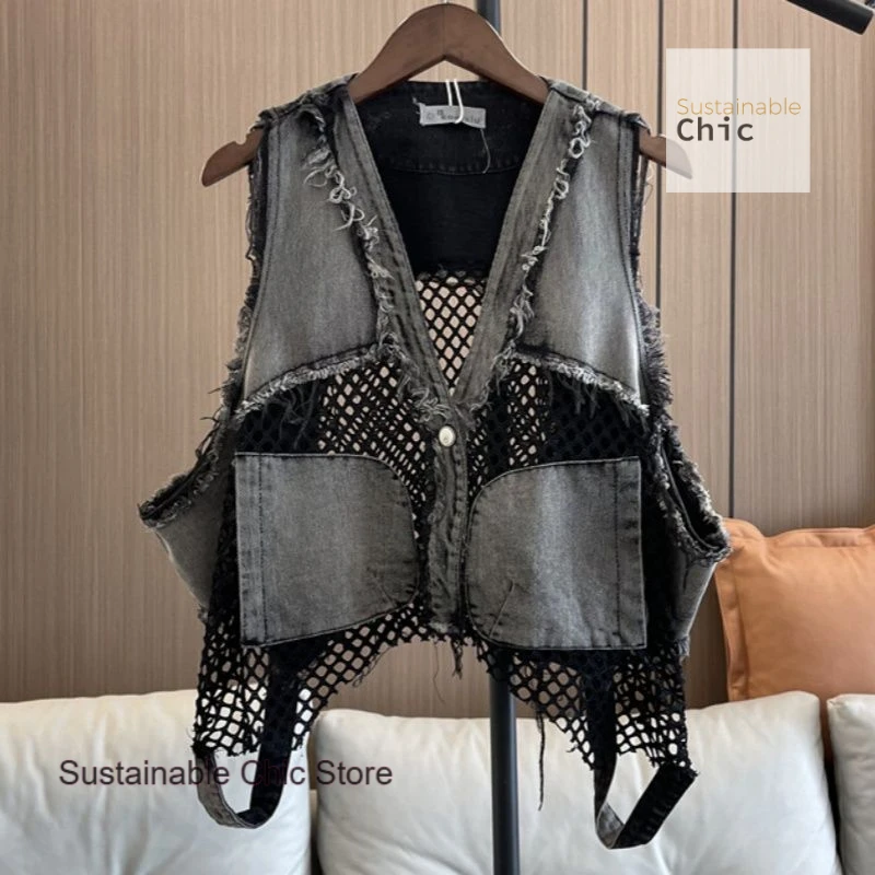 French personality street cowboy vest women's spring and summer new fashion mesh stitching washing old short tank top women vest