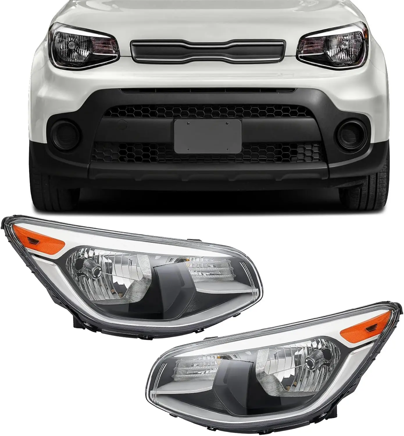 

For 2014 2015 2016 2017 2018 2019 Kia Soul Halogen Headlight Assembly Front Left Driver+Right Passenger Side 1 Pair Chrome Hous