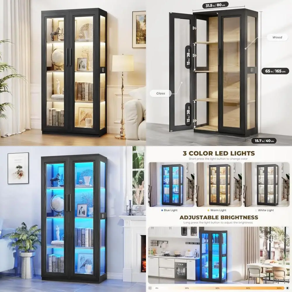 

Glass-Front Curio Cabinet, 4-Shelf Bookcase, Collectible Showcase Cabinets, LED-Illuminated China Cabinet