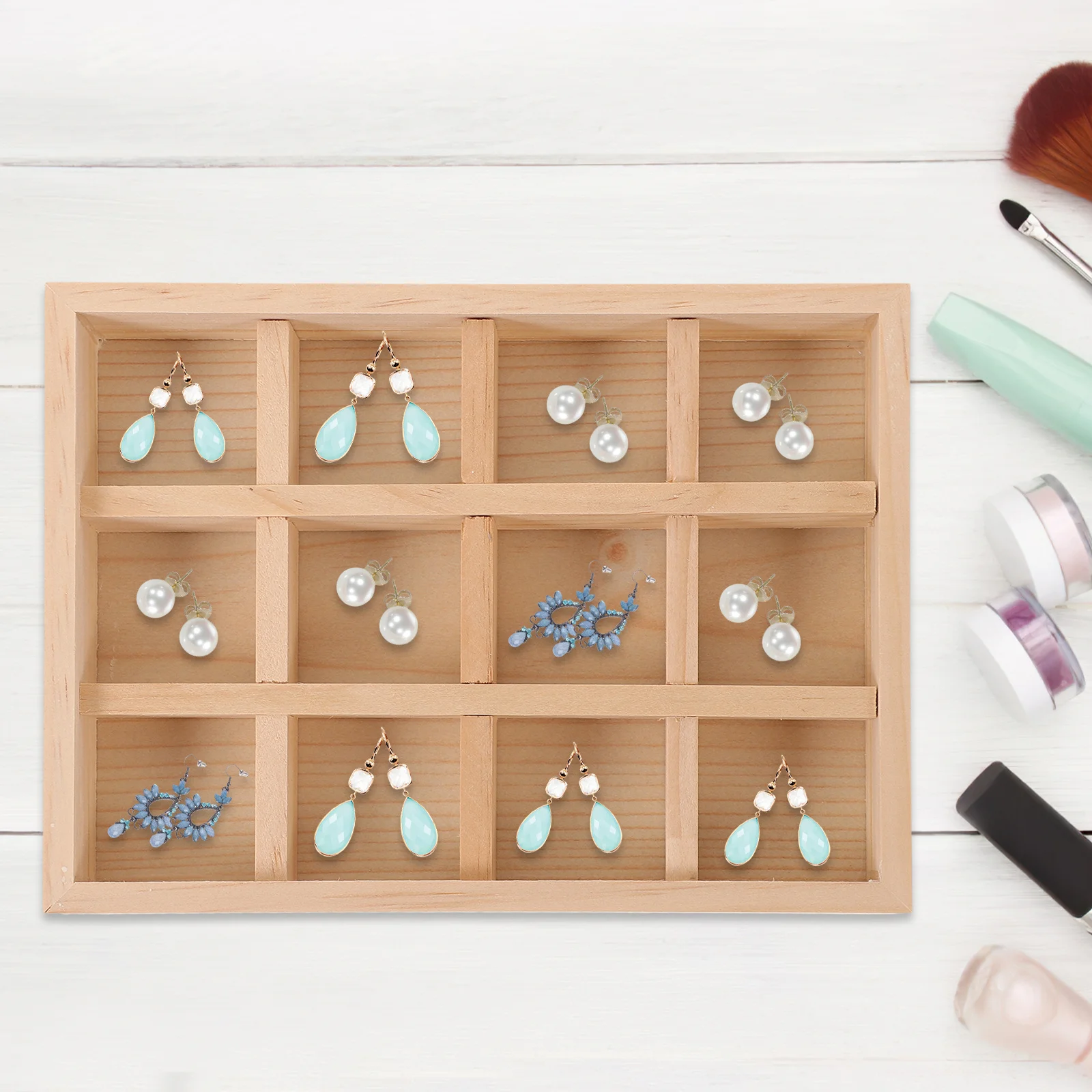 

12-Grids Wooden Jewelry Tray Compartment Organizer for Rings Bracelets Necklace Makeup Table Storage Display Wooden Jewelry Tray