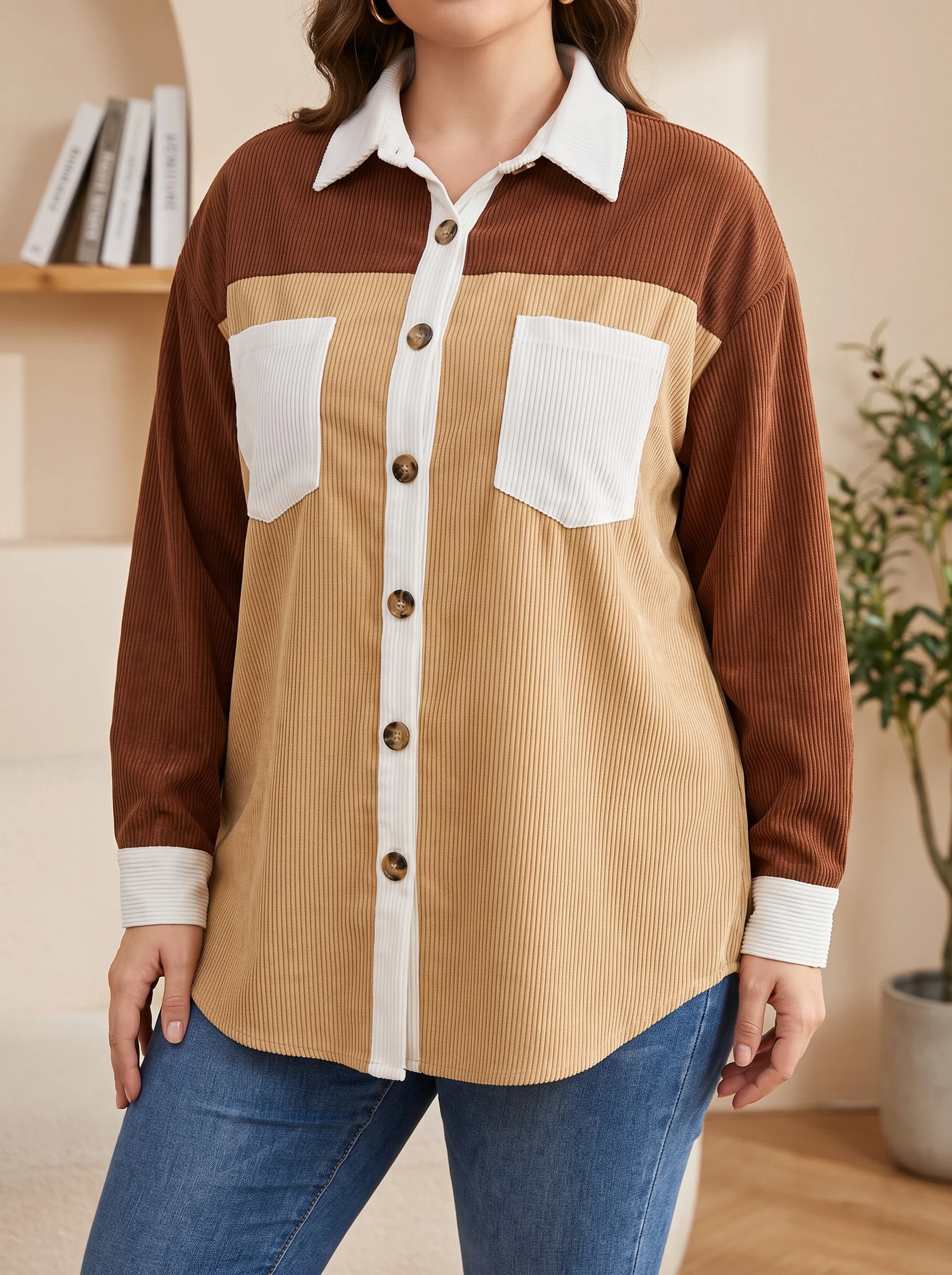 Rosa Fera Plus Size Women's Ribbed Color Block Shirt Long Sleeve Contrast Button Front Loose Casual Top
