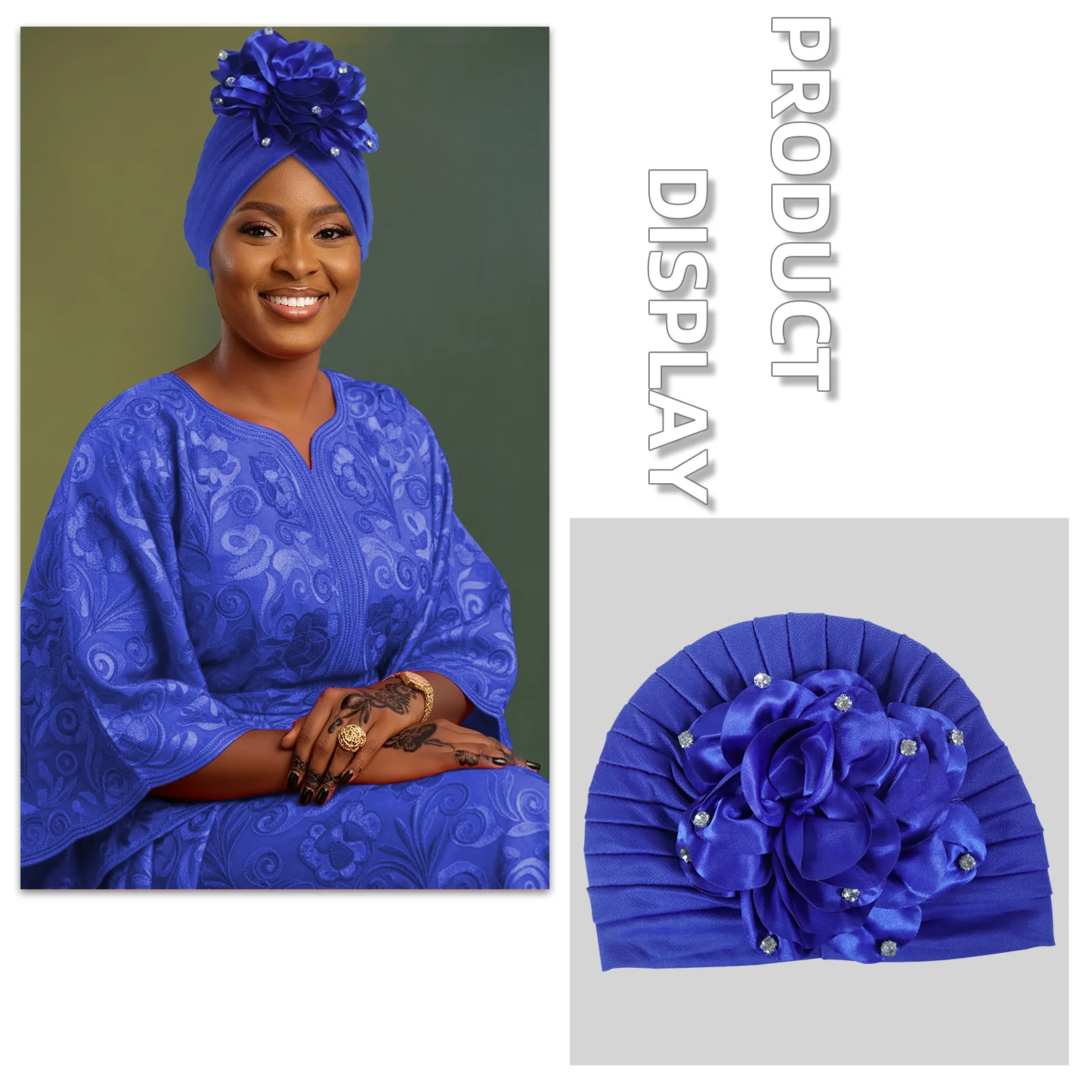 Women Big Flower Rhinestone Pleated Turban Hijab African Gele Head Wrap Beanie Chemo Cap for Hair Loss Muslim Headscarf Hat New