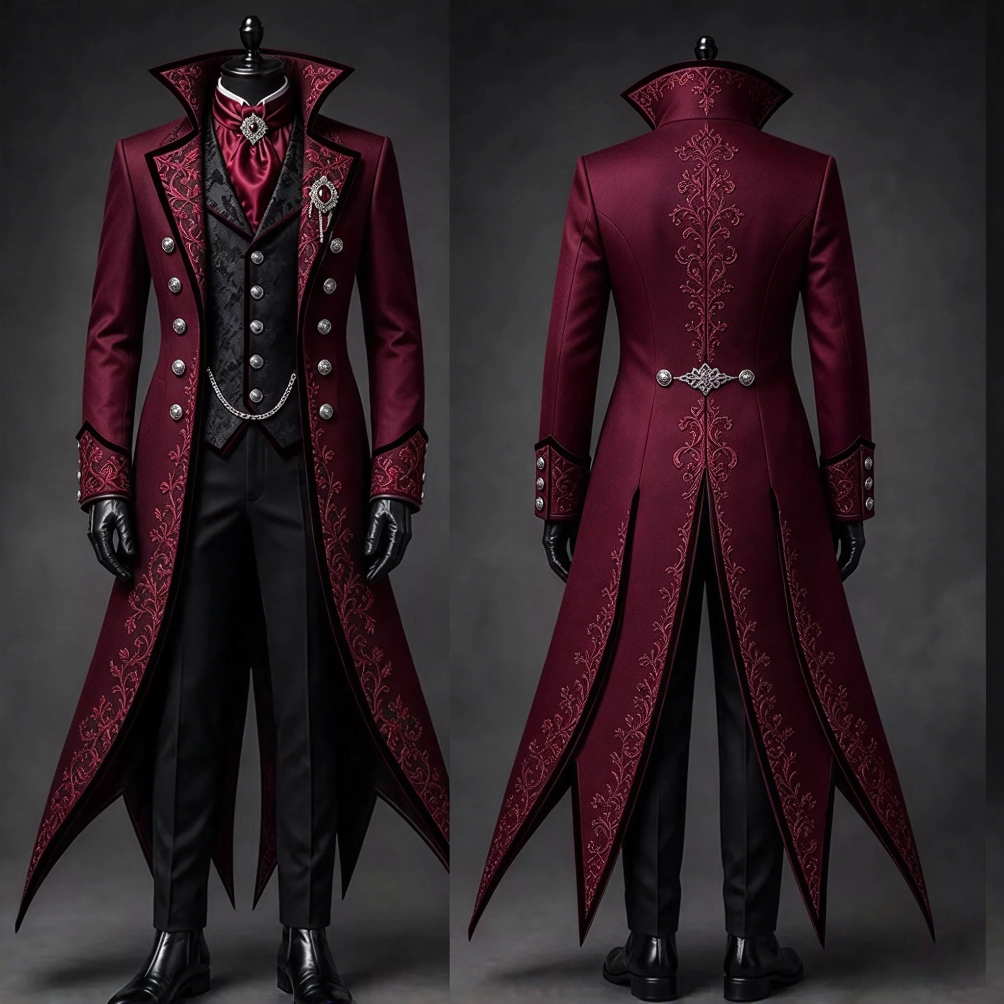 Man Gothic Style Tuxedo Suit Sets For Red Embroidered Jacket Jacquard Waistcoat Trousers 3 Pieces Victorian Cosplay For Wedding