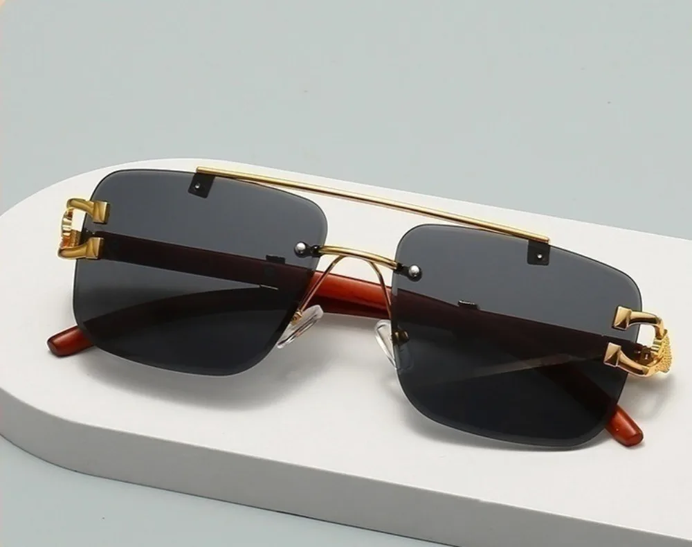 New frameless leopard head sunglasses marine sheet glasses cross-border double beam square frame sunglasses anti-purple line
