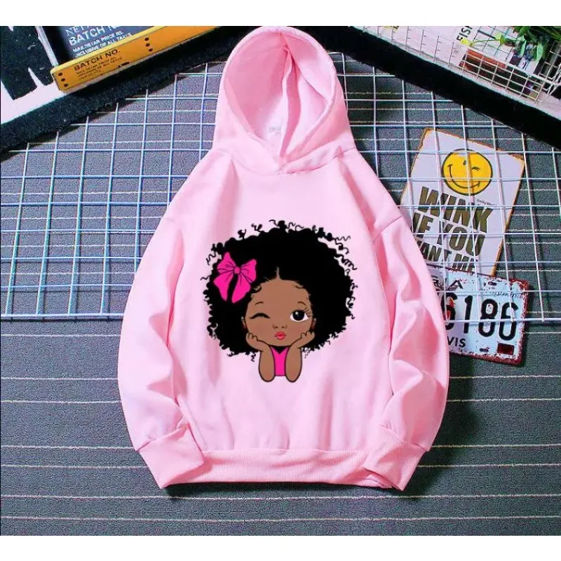 Top Bow Little Black Girl Print Kids Sweatshirt Children Lovely Winter Clothes Thick Hoodies Melanin Princess Design Teens