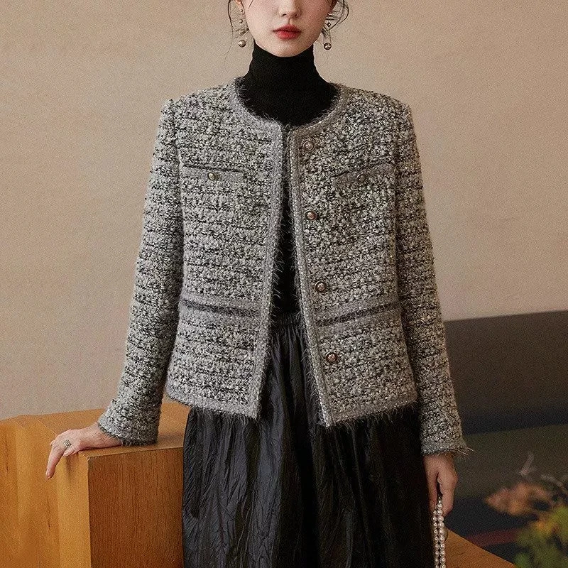 Spring Autumn 2025 New Coarse Woolen Women's Woven Short Fragrant Style Jacket