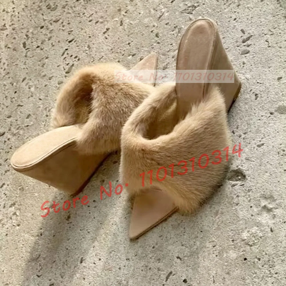 

Khaki Fur Wedge Mules Women Elegant Nifty Pointy Open Toe Furry Heeled Slippers Female Trending Party Lovely Outfit Suede Shoes