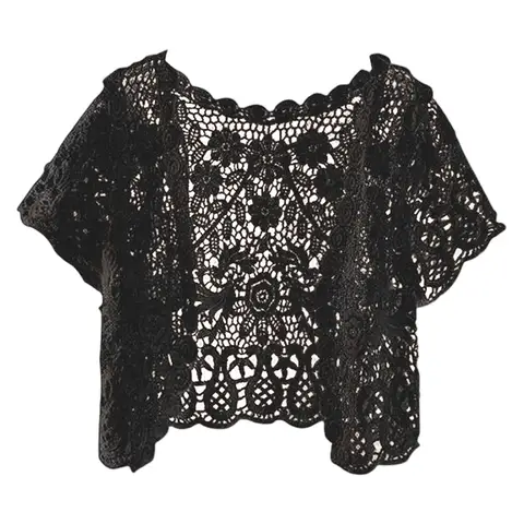 Women's Short Sleeve Lace Cardigan Floral Hollow Out Crochet Beach Cover Ups Women Shrugs Open Front Crop Jackets White Black