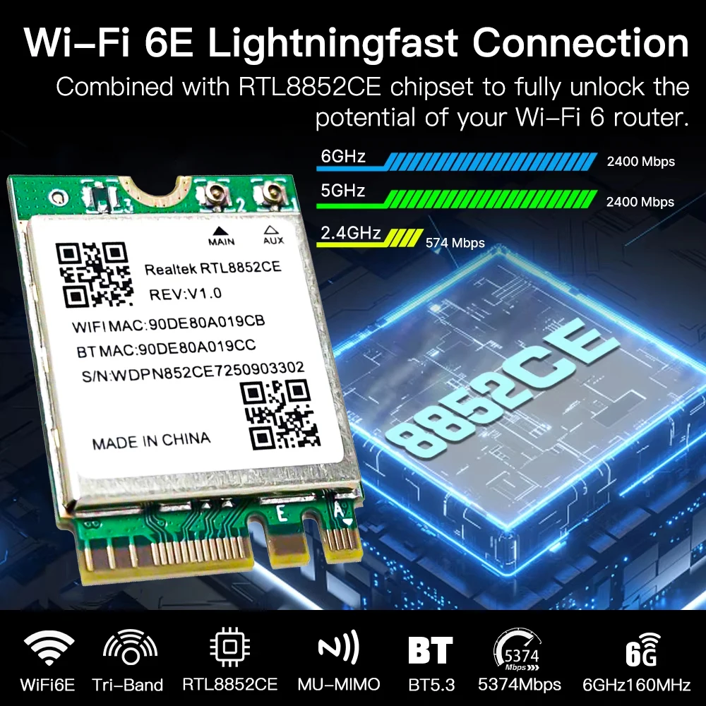 WiFi 6E RTL8852CE M.2 NGFF Wireless Network Card 5400Mbps 802.11AX Bluetooth 5.3 Adapter Tri-Band 2.4/5/6GHz for Windows 10/11