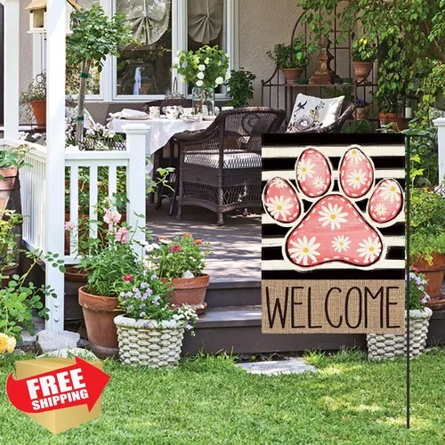 AVOIN colorlife Pink Paw Print Daisy Garden Flag 12x18 Double Sided Yard UUI GGX