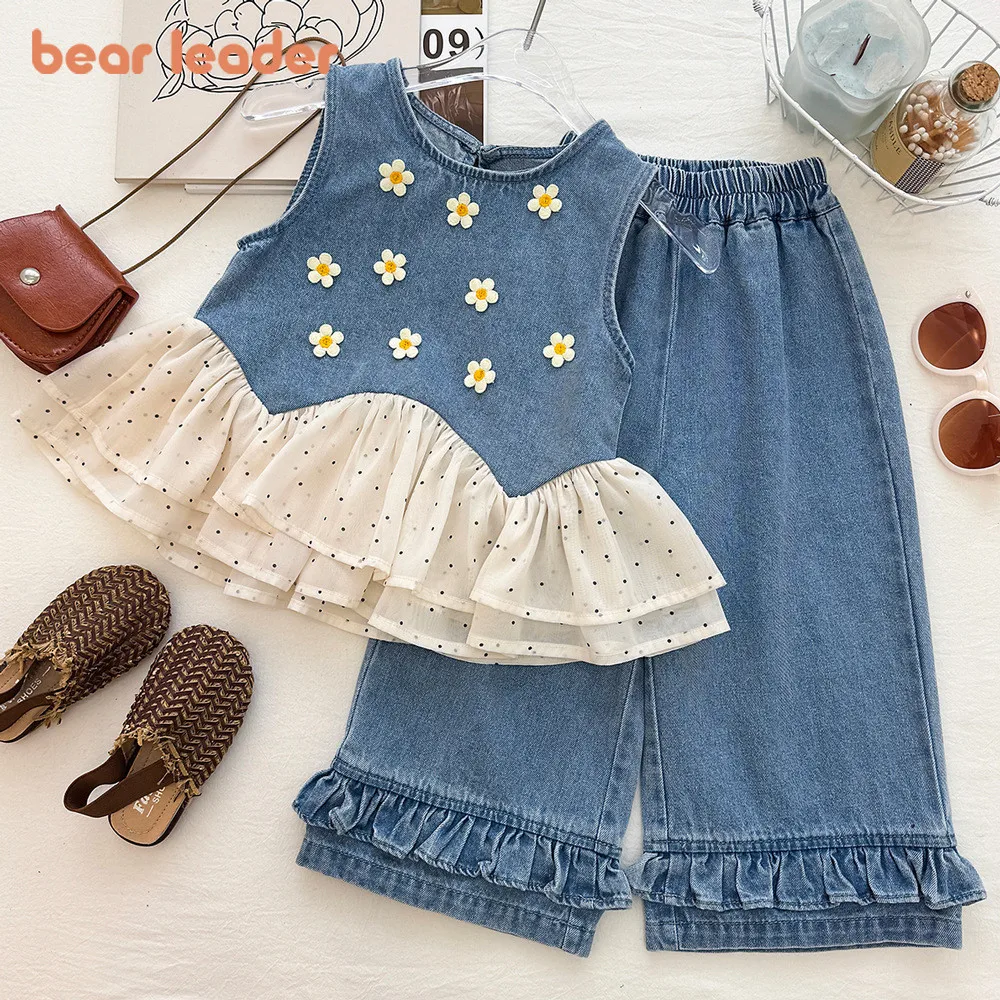 bear-leader-summer-patchwork-girls-clothes-korean-version-3d-flower-ruffle-polka-dot-mesh-sleeveless-top-jeans-two-piece-set