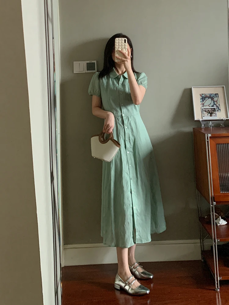 

Льняная юбка-трапеция мятного цвета из вискозы с высокой талией, французский стиль, летняя, из тонкого материала, цельная, с коротким рукавом