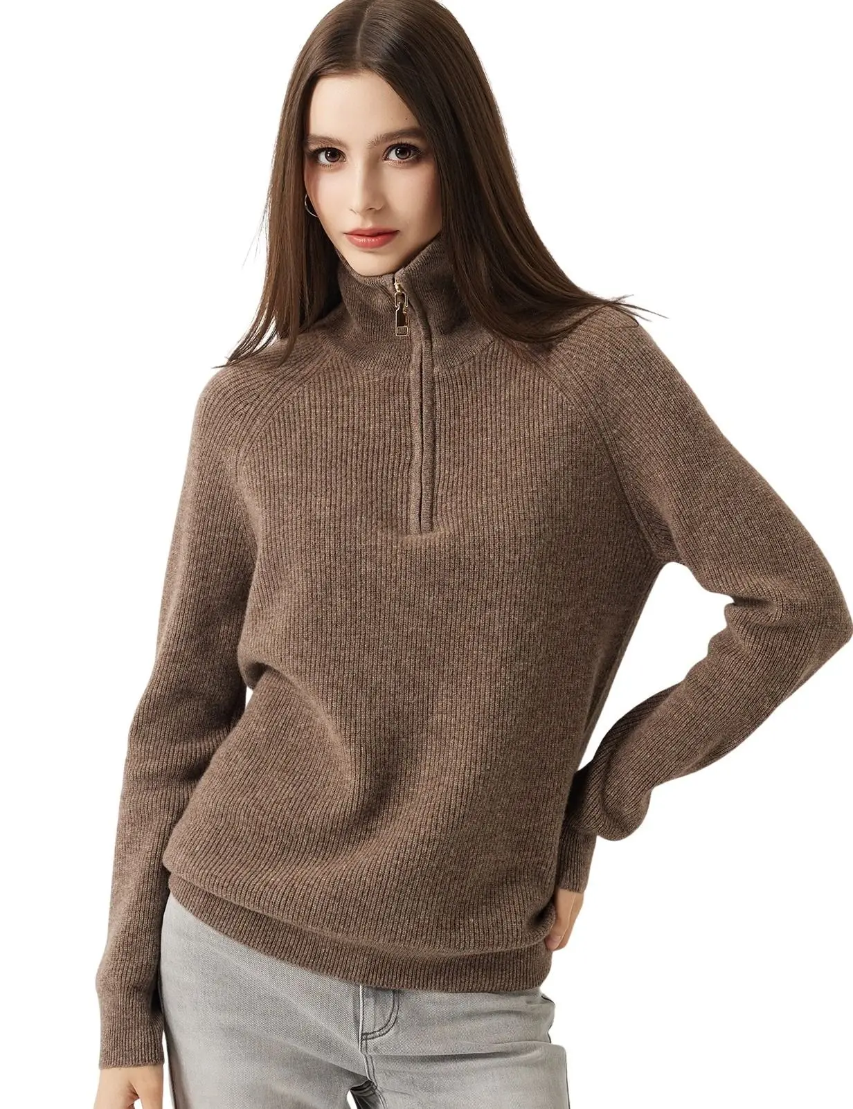 Women 100% Merino Wool Mock Neck Zip Sweater Soft Warm Knit Pullover Half Zip Wool Sweater Autumn Winter Lightweight Warm Knitwe