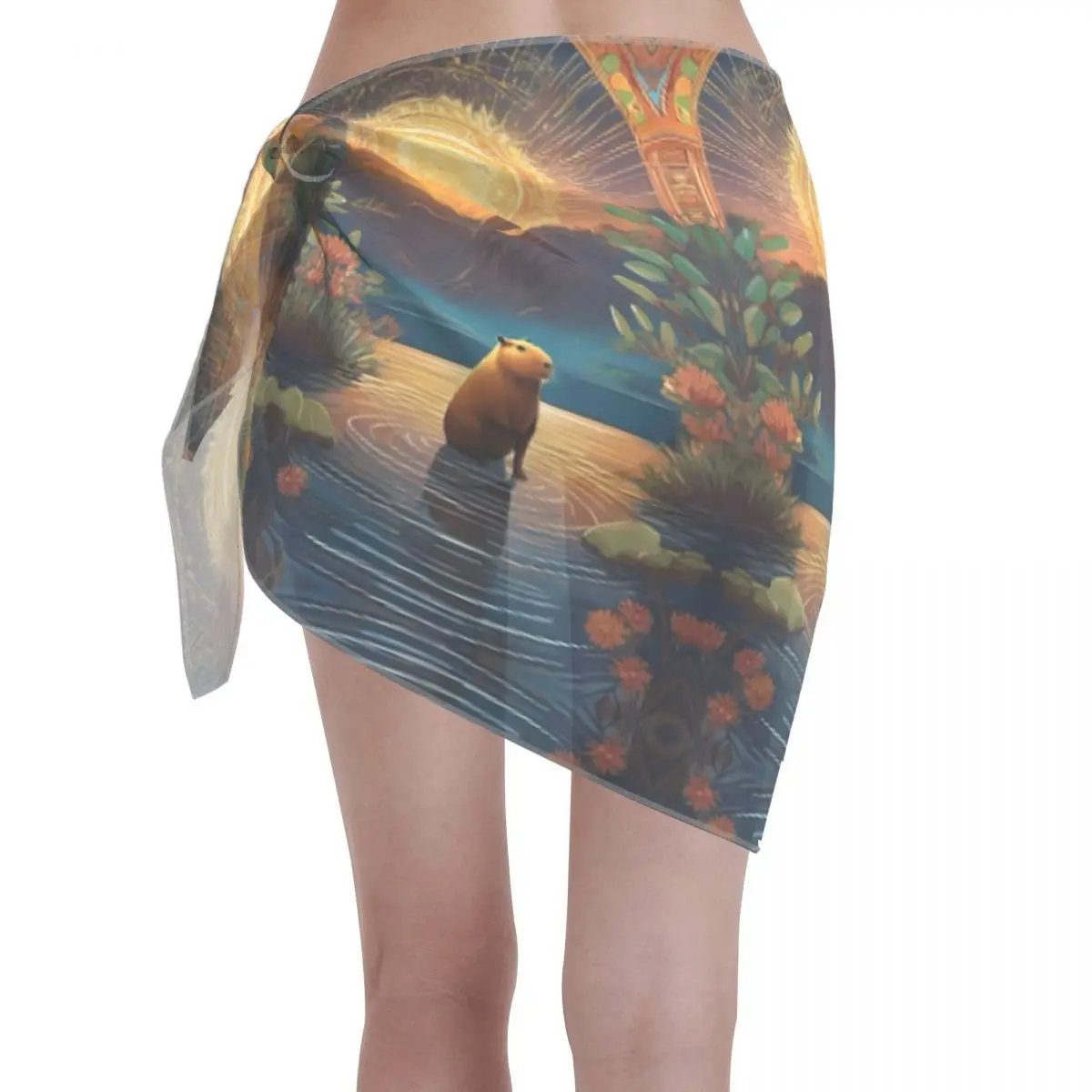 Personalizado gótico colorido Anime Capybara playa Bikini cubrir abrigo transparente playa Bikini cubrir Falda corta bufanda de gasa