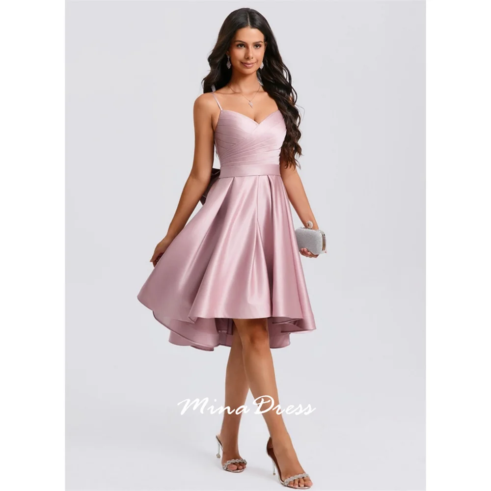 

Mina Adjustable Shoulder Straps Evening Dress Luxury Elegant Party Dress Bow Customized Backless Wrinkles High and Low Dresses