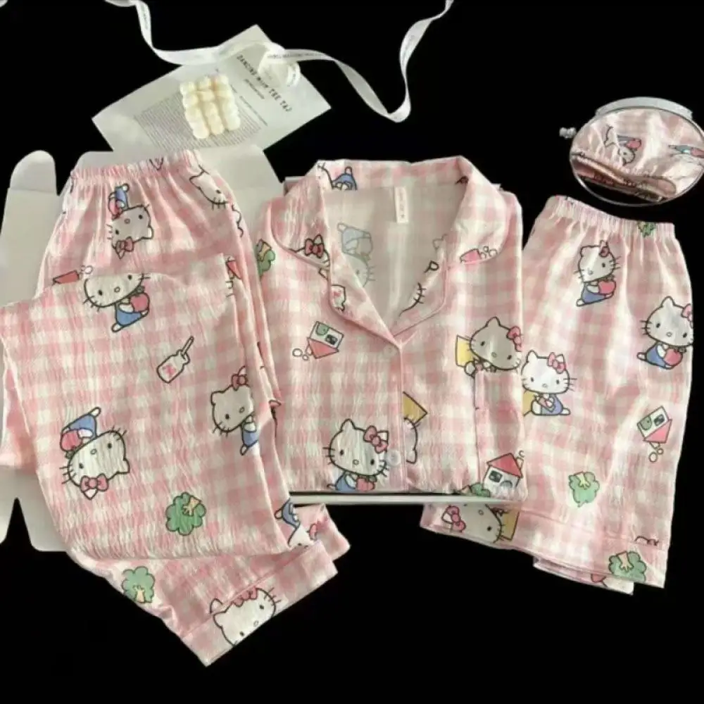 

Милые пижамные костюмы Hello Kitty из 3 предметов, женские шорты с короткими рукавами с героями мультфильмов, брюки, верхняя одежда в стиле аниме, ночная одежда, костюм для девочек, подарок, домашняя одежда