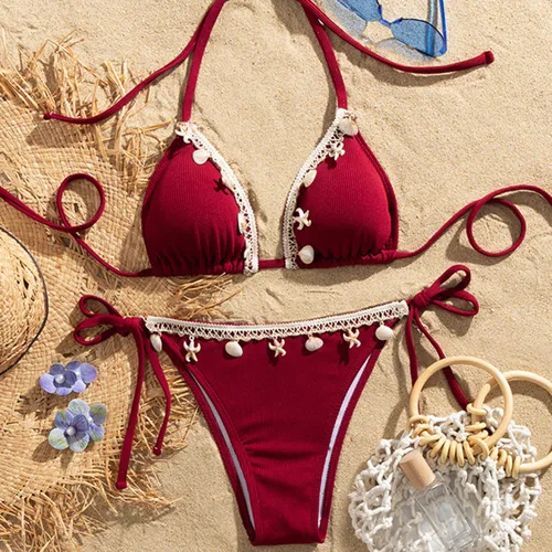 Imagen 1 del producto Bikinis sexys de color rojo vino, trajes de baño para mujer, traje de baño Push Up, trajes de baño, conjunto de Bikini brasileño, bañista para piscina y playa