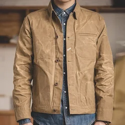 Maden Men's Canvas Oil Wax Jackets Khaki Vintage Multi-pocket Lapel Collar Single-breasted Jacket for Male Autumn Clothing Tops