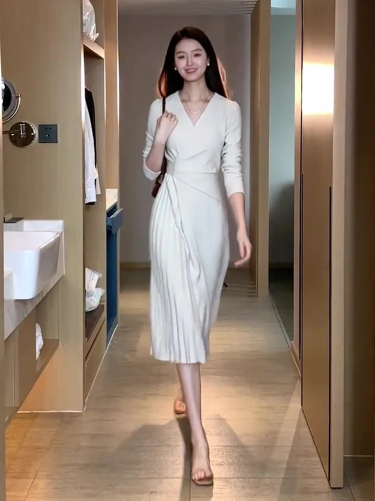 

Элегантное белое платье-костюм с завышенной талией, винтажный стиль, длинный рукав, V-образный вырез, юбка А-силуэта для женщин, весна-лето