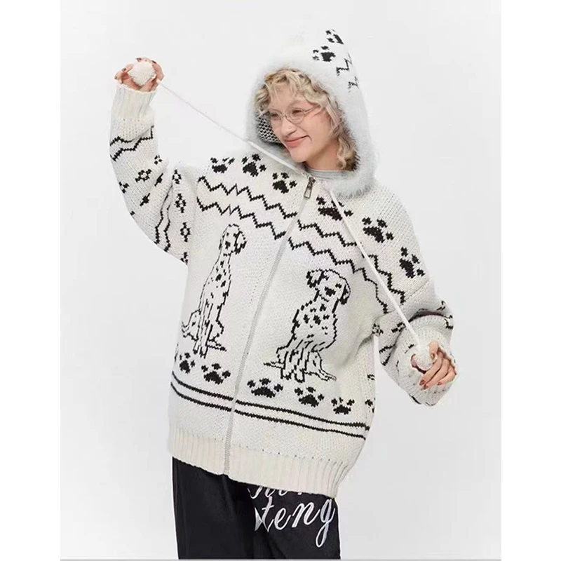 

Harajuku Cartoon Knitted Cardigan Women Kawaii Hooded Sweater Outerwears Korean Print Knitwears Winter Fashion Casual Jumpers