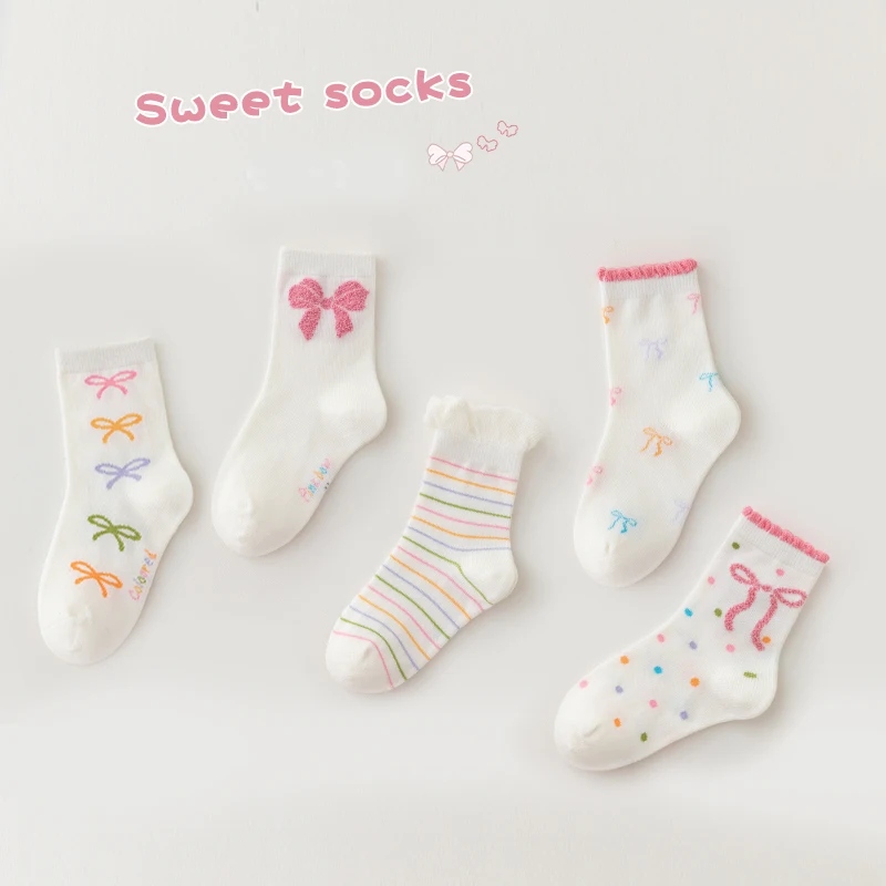

5 Pairs Princess Style Girls Socks with Bow Design High Quality Combed Cotton for Ages 3-12 Kids