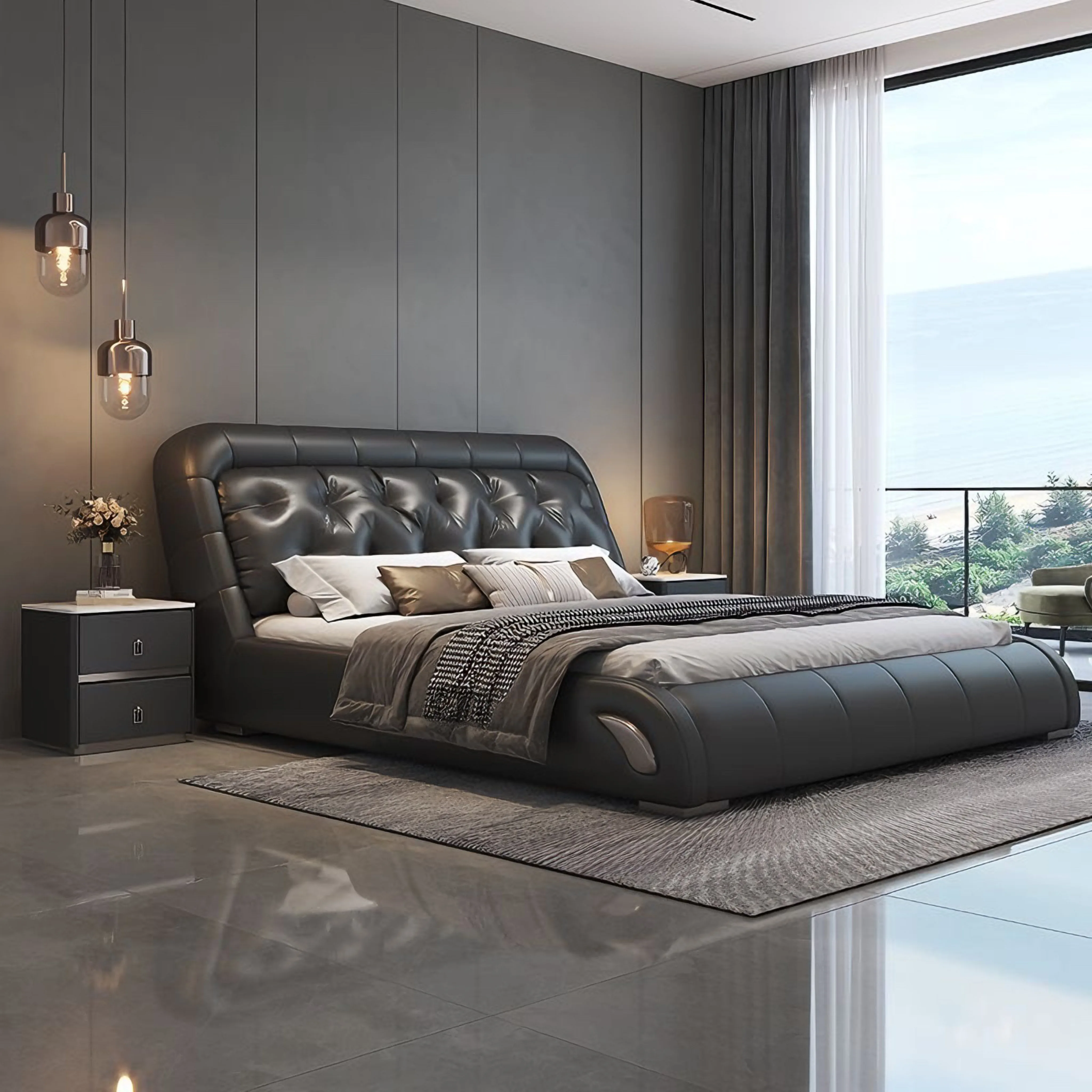 

#Modern Luxury Design Double Queen Bed Set High Quality Home Bedroom Wooden Leather Upholstered Storage Soft Backrest Customized