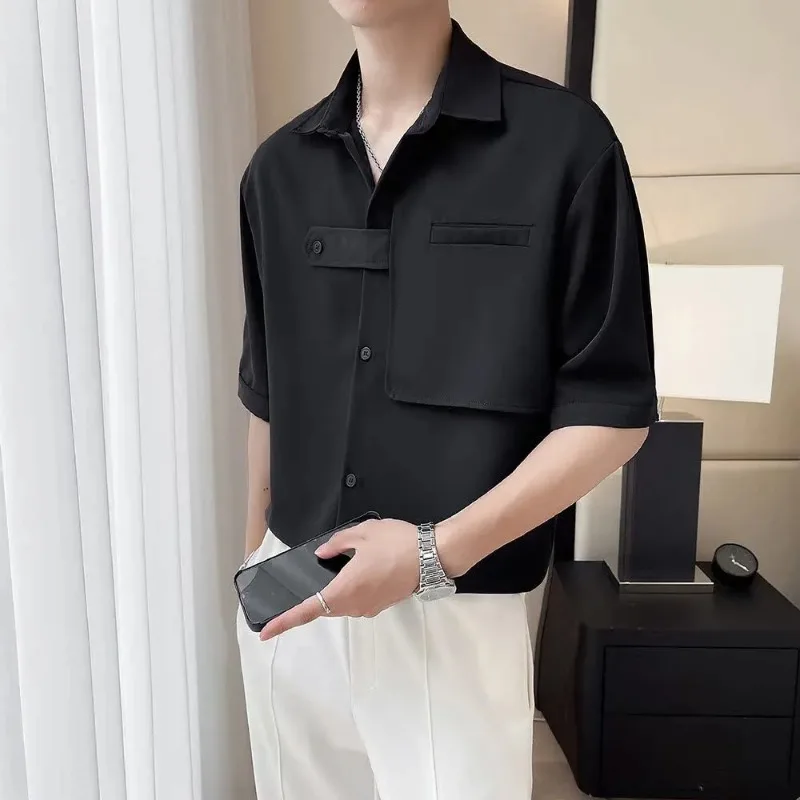 Men's Dark Yohji Style Short Sleeve Shirt Loose Fit Ice Silk Fabric Designer Pocket Detail High Street Fashion Top