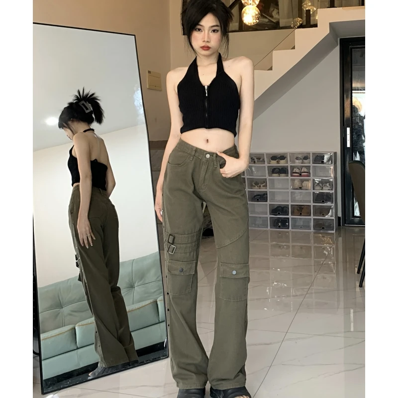 

Women Green Jeans Cargo Pants Vintage American Wide Leg Pants Fashion Y2K Style Straight 2023 NEW Summer Female Denim Trouser