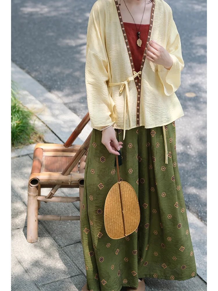 

Оригинальный комплект Xiaomai и Fiort: открытый кардиган и широкие брюки из дышащего хлопка, женский летний повседневный наряд в стиле Ханьфу