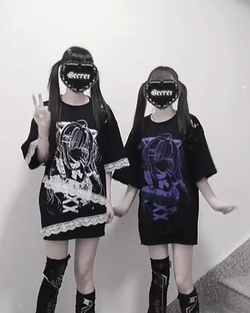 

Japanese Anime Print Tie-Dye Lace Patchwork Off-Shoulder Button Dark Subculture Short Sleeve Oversized Tops Goth Y2K Top Women