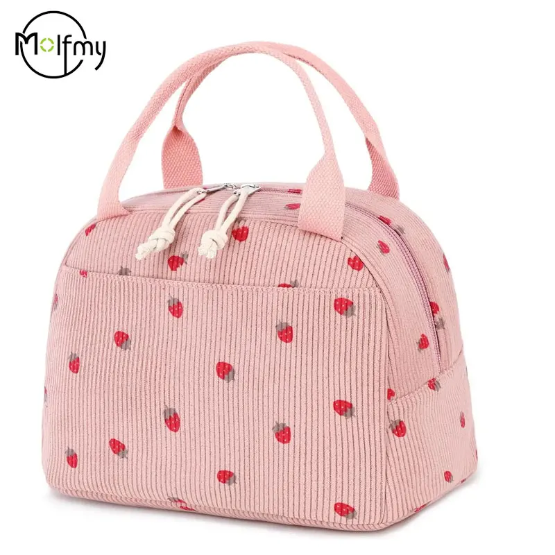 Corduroy Lunch Bag Thermal Insulation Lunch Box Storage Handbag Multifunctional Kid School Cooler Bag Picnic FoodPouch Loncheras