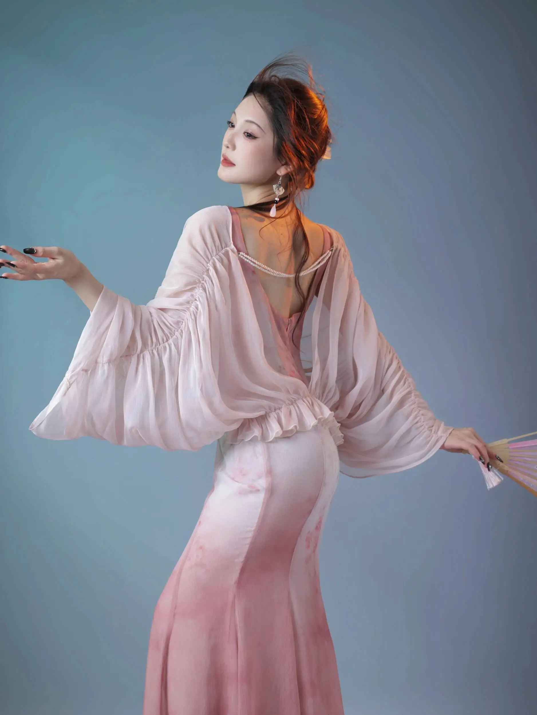 New Chinese Style Batwing Sleeve Powder Green Blue Chiffon Versatile Sunscreen Sun Protection Jacket Cheongsam