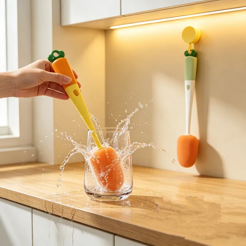 Brosse à carottes 3-en-1 avec long manche, éponge, brosse pour biberon, outil de nettoyage des interstices des couvercles de thermos