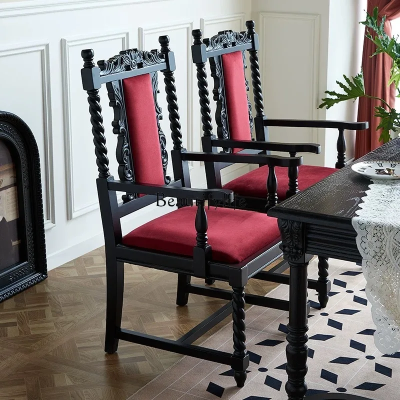 

02*Solid wood dining chair retro fabric carving casual office calligraphy medieval dressing chair