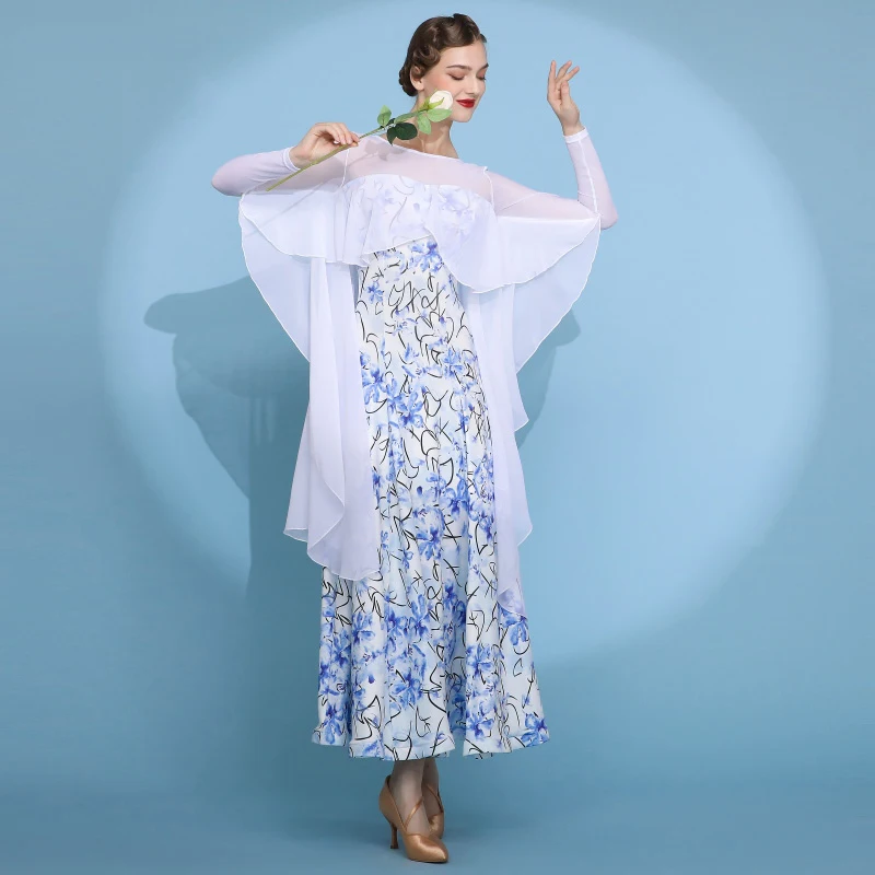 

Adult Modern Ballroom Dance Performance Costume Women Dress Mesh Long Sleeve Print Big Swing Dress Competition Clothes DN21542