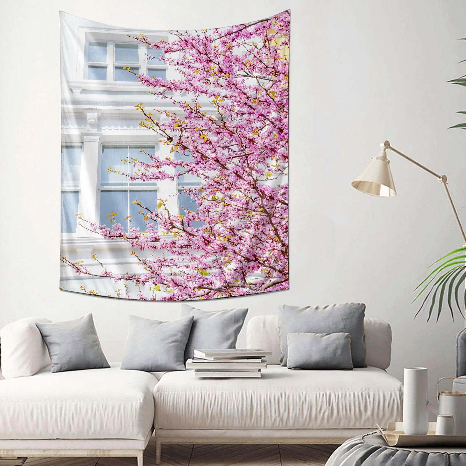 Pink Cherry Blossom Branches in Front of White Building Window Tapestry Machine Washable All Season Decor Print Home non-toxic
