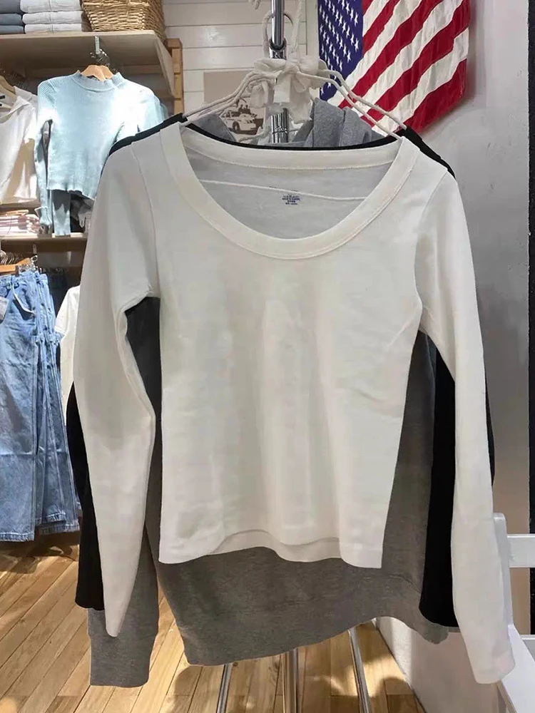 

Simple White Round Neck Cotton T-Shirts Women Spring Solid Basic Casual Long Sleeve Tees Female Y2k Vintage Sweet Slim Tops 2023