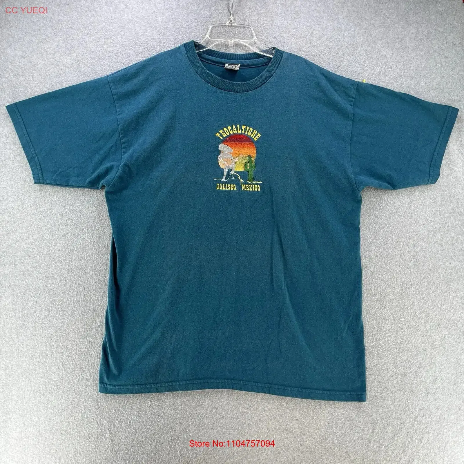 Playeras Tlan para Hombre, Talla XL, 'Teocaltiche Jalico México', Camiseta Azul Relajada, Estilo Vintage, Ropa de Diseñador, Streetwear