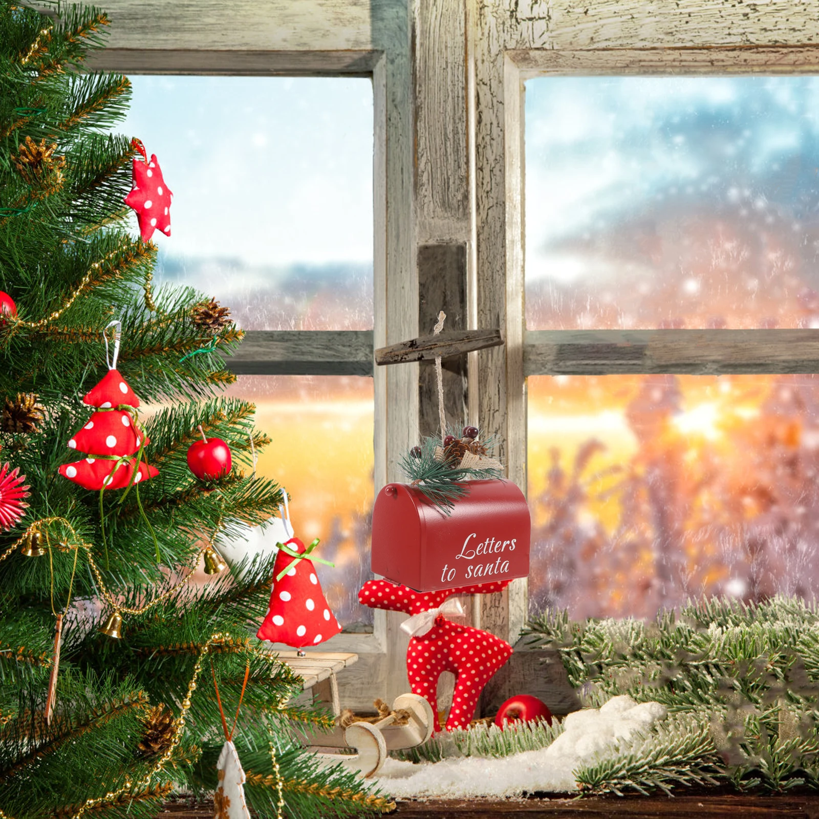 

2pcs Metal Mailbox Hanging Decor Christmas Tree Pendant Home Iron Pendant Red Stylish Decorative Fireplace Wall Window
