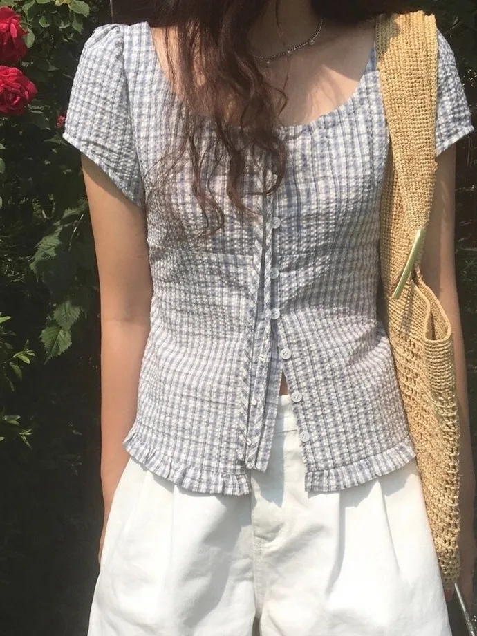 

Korean Sweet Plaid ort Sve Women's irt Versatile Design Slimming Summer New Arrival College Sle Polyester Fiber