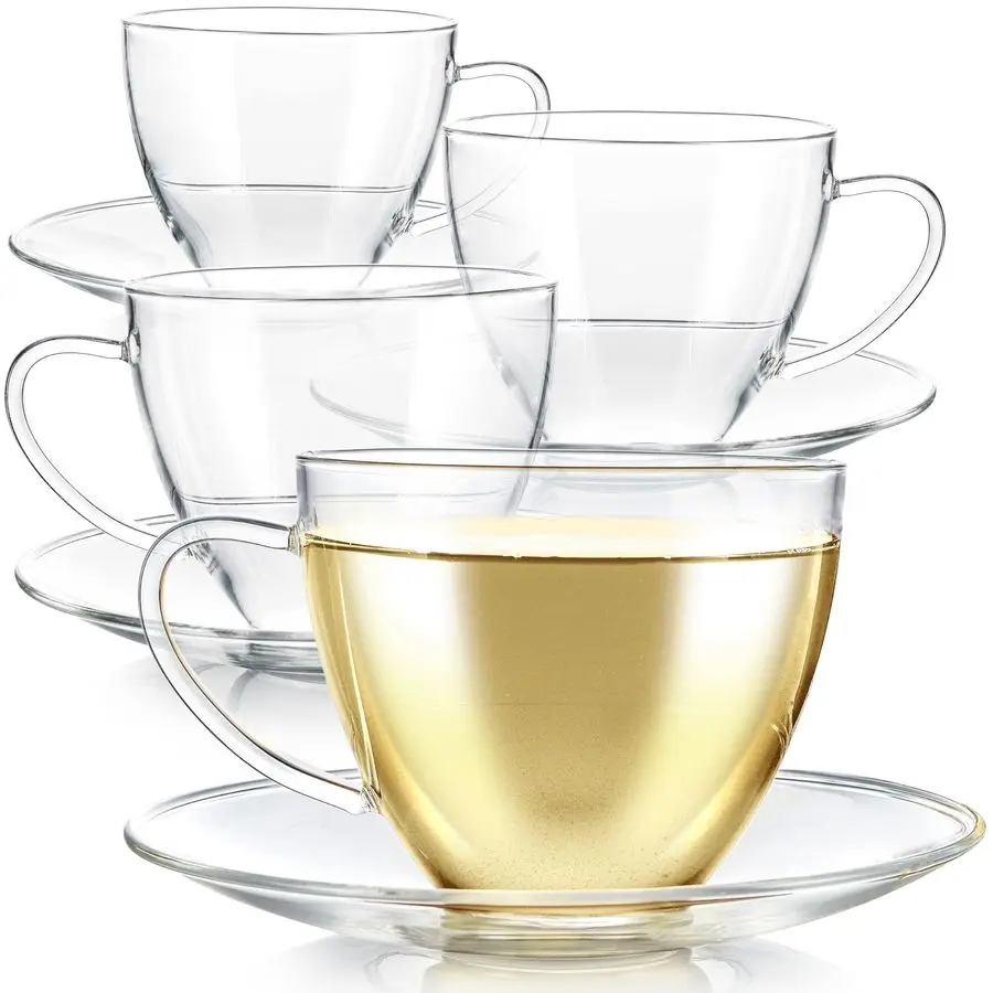 Juego de Tazas y Platos de Té Royal, Paquete de 4, Tamaño Grande, Capacidad de 12 oz/350 ml, Diseño Clásico Transparente, Juego de Tazas de Vidrio Premium, Saludable