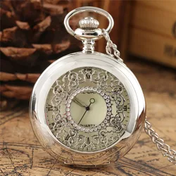 Silver Hollow Out Flower Case Men Women Quartz Pocket Watch Roman Number Dial with Necklace Pendant Chain Timepiece