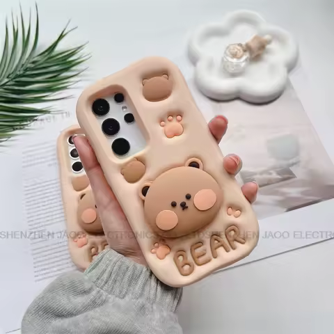 Cute Bear Silicone Phone Case For Samsung Galaxy A12 A12S A13 A21S A22 A23 A33 A71 A72 A73 S20 S21 S23 FE S24 Ultra With Holder